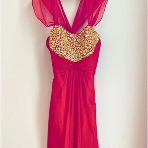Red A-line Sheath Gown w/Empire waist adorned w/golden crystals
